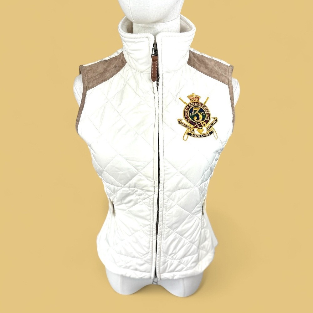 Ralph Lauren‎ Sport White Quilted Vest Suede Trim Crest Logo Women's